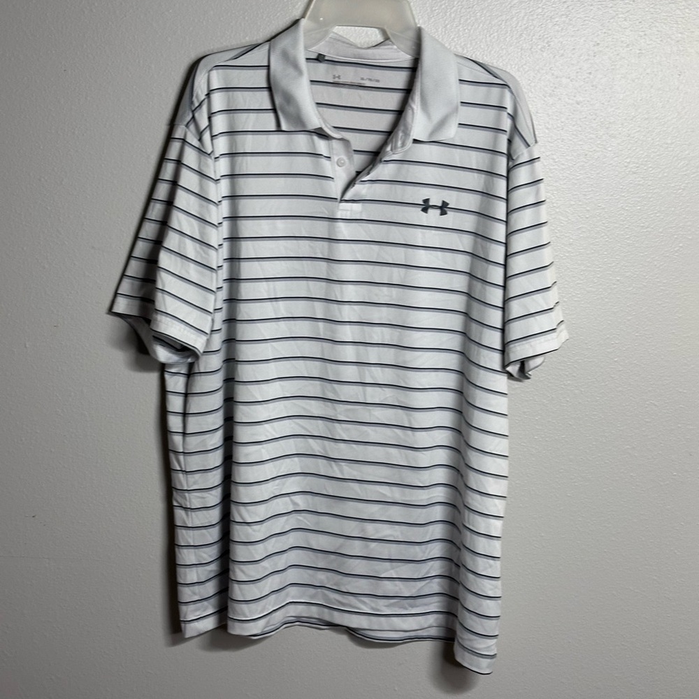 Under Armour Men Polo White Stripe Short Sleeve Shirt Loose Heatgear size XL‎